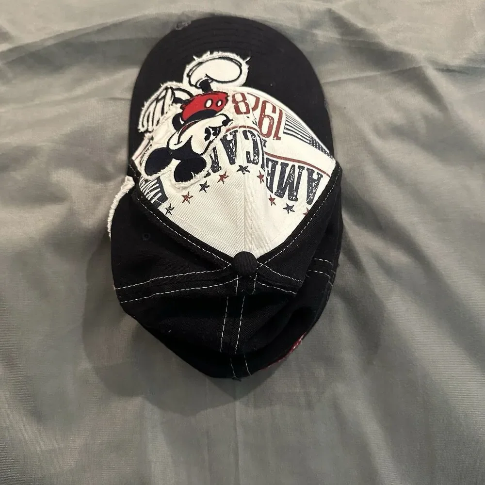 Disney Parks Mickey Mouse Stretch Fit Cap Hat American 1928 Navy Blue Distressed